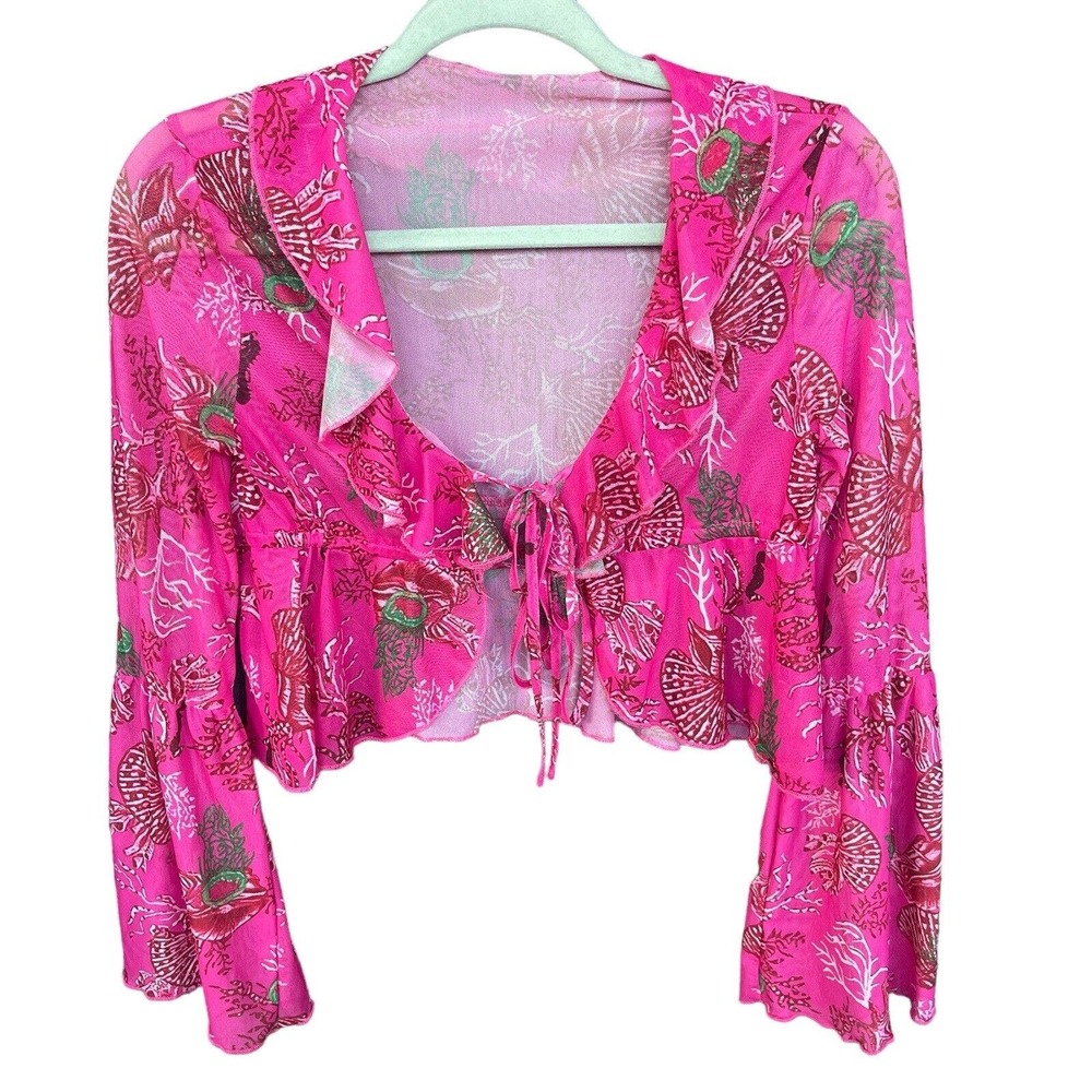 Shein Shell and Coral Mesh‎ Crop Top Womens XS Sheer Ocean Seahorse Bell Sleeve
